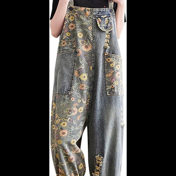 Women Print Floral Denim Overalls Casual Loose Size M Jumpsuit Wide Leg Pants - Picture 6 of 15